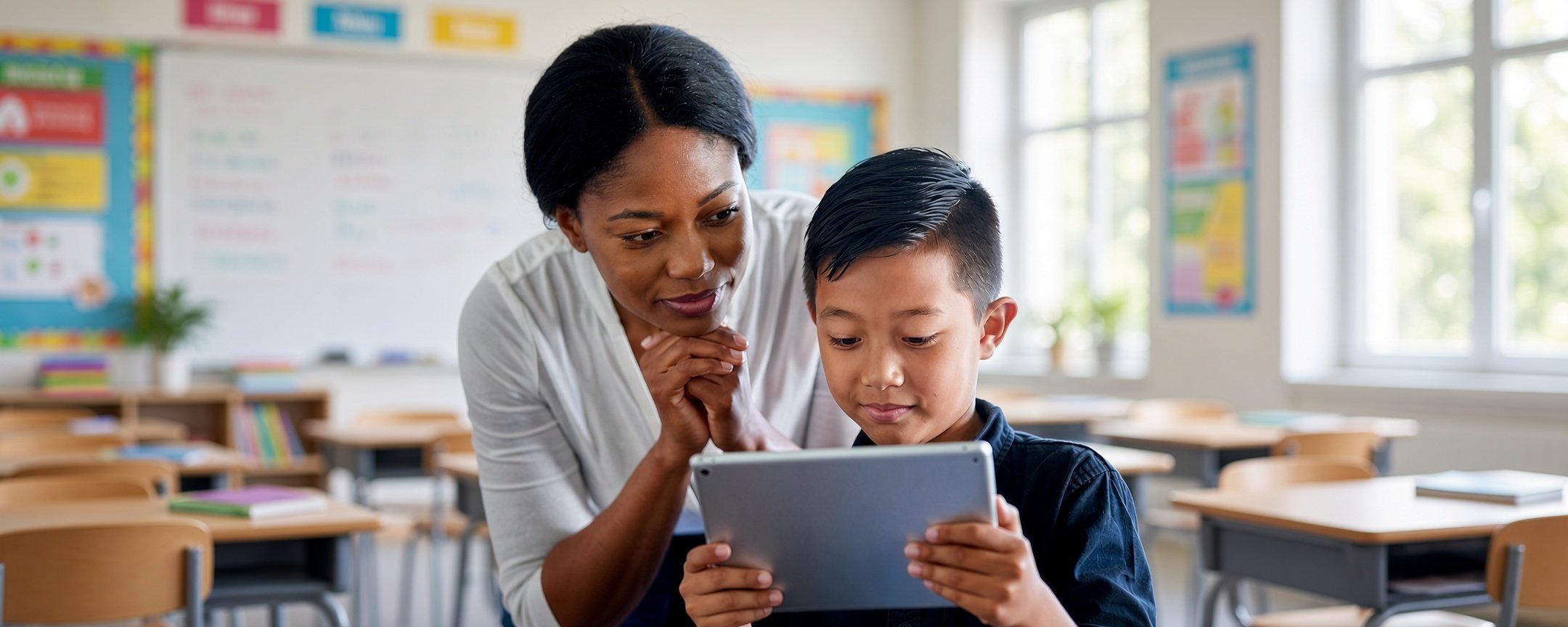 A teacher and a pupil looking at a tablet together